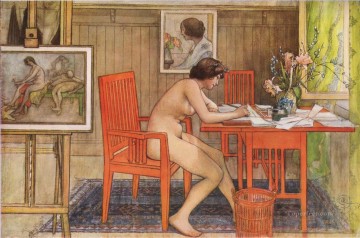 Carl Larsson Painting - model writing postcards 1906 Carl Larsson